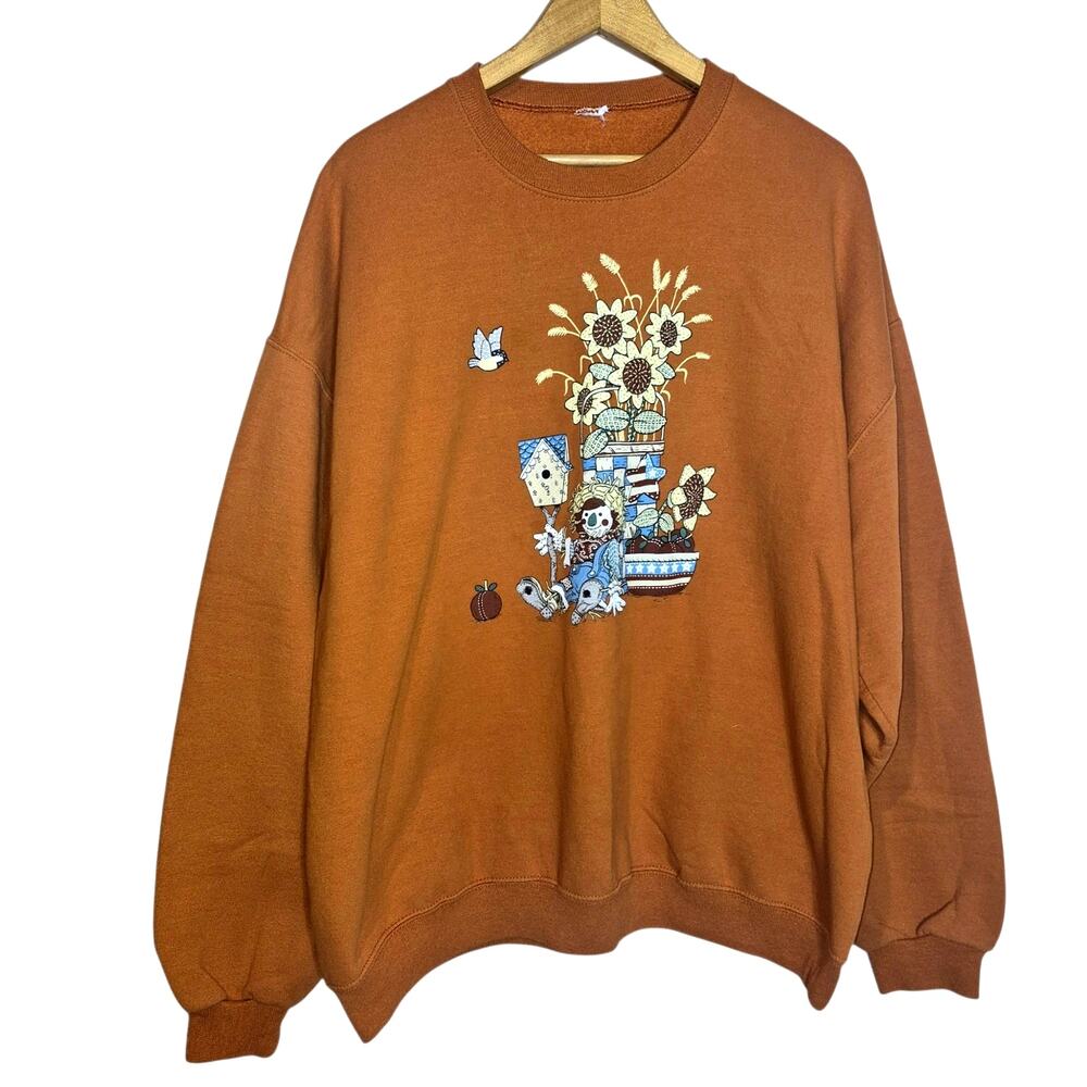 Vintage 90s Grandma Cottage Core Fall Crew Neck Sweatshirt Scarecrow Pumpkin XL